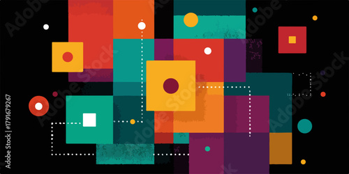 カラフルな幾何学模様の抽象的な背景、黒い背景に重なり合う四角形と円、モダンなデザイン