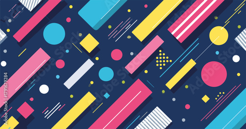 鮮やかな幾何学模様と線が描かれた、モダンで抽象的な背景デザイン。ベクターイラスト。