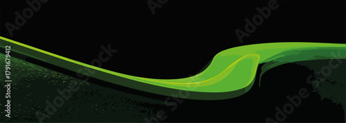 黒背景に緑の流線形が波打つような抽象的なベクターデザイン、先進的でミニマルな印象