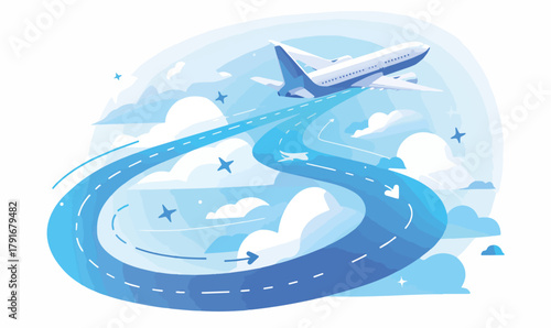 青い空と雲の中を上昇する飛行機、曲がりくねった道と星が旅の始まりを象徴するベクターイラスト