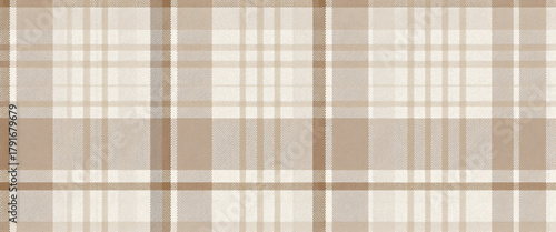 Minimalist digital plaid with prominent dark brown grid lines, filled with subtle light brown and beige rectangles. Textured resembling woven cloth, with warm neutral colors.