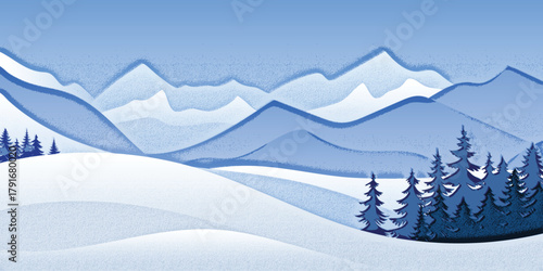 Minimalistic winter landscape, grain effect, snowy peaks and snowdrifts, cartoon nature, vector illustration