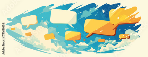 空に浮かぶ様々な形の吹き出しアイコンが、コミュニケーションやアイデアの広がりを表現するベクターイラスト