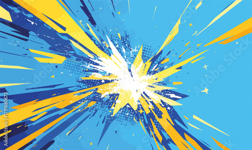 青い背景に黄色と青の爆発的な線が広がる、ダイナミックでモダンなベクターグラフィックデザイン。