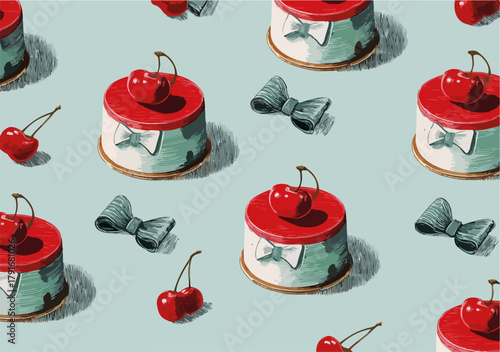 チェリーが飾られた可愛らしいケーキとリボンが並ぶ、シームレスなベクターパターン