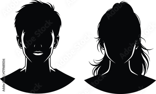 Male and female silhouette busts, black vector profile icons, gender avatar illustration, graphic design element, isolated on white background