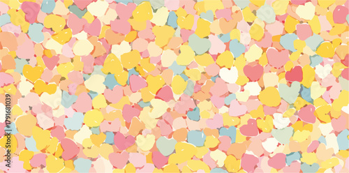 パステルカラーのハート型コンフェッティが敷き詰められた背景、ベクターイラスト、お祝いの装飾