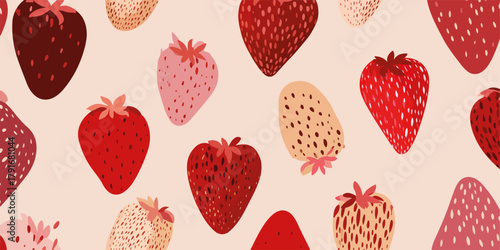 様々な赤色とピンク色のイチゴが描かれた、シームレスなベクターパターン背景。