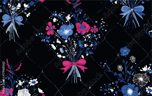 黒地に描かれた青とピンクの花束のシームレスなベクターパターン、リボンで結ばれた繊細なデザイン
