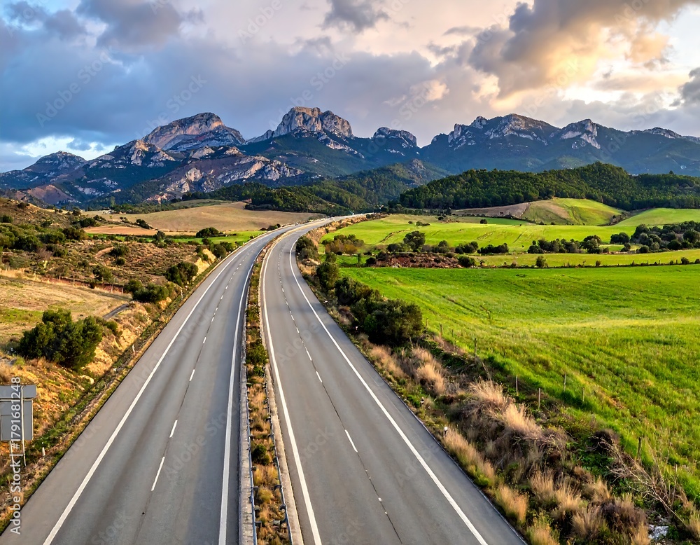 Fototapeta premium An empty highway curving through verdant landscapes towards distant peaks