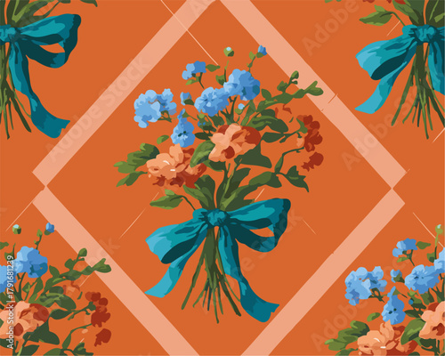 オレンジ色の背景に青いリボンで結ばれた花束のシームレスなパターンデザイン、ベクターイラスト