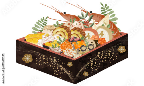 水彩で描いたおせち料理の重箱イラスト（日本の伝統的なお正月の料理）