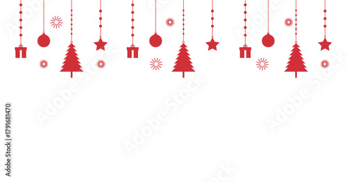 Red Christmas Decoration Banner – Hanging Ornaments, Trees, Stars, and Gifts for Holiday Background and Festive Design