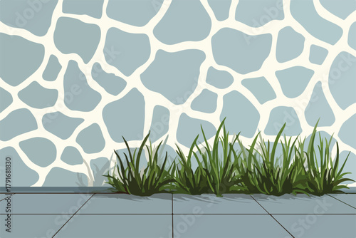 モダンな壁に生える緑の草とタイルの床、抽象的な模様が特徴的なデザイン