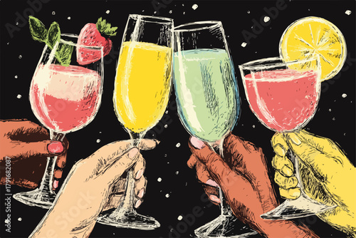 乾杯する多様な人々の手、カラフルなカクテルとグラス、お祝いの雰囲気、ベクターイラスト