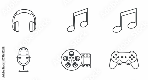 Essential line art icons for media and entertainment: Headphones, Musical Notes, Microphone, Film Reel, and Game Controller. Ideal for music streaming apps, gaming platforms, and video production.