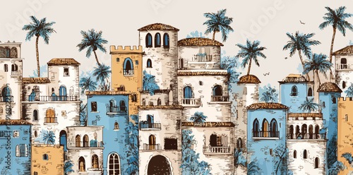 地中海沿岸の美しい街並みとヤシの木々が描かれたベクターイラストレーション