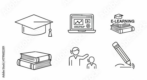 Minimalist line art icons for education and online learning: Graduation Cap, Laptop Course, Books, Teacher/Student, and Pencil. Ideal for e-learning platforms, academic presentations.