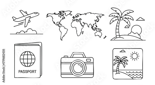Minimalist line art icons for global travel and tourism: Airplane, World Map, Passport, Tropical Beach/Palm Tree, and Photo Camera. Ideal for booking apps, travel agency websites, and holiday planning