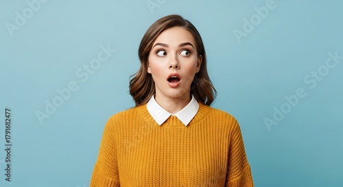 Surprised young woman with open mouth looking sideways against a light blue colored studio background