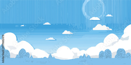 青い空に浮かぶ白い雲のベクターイラスト。爽やかで広々とした風景。