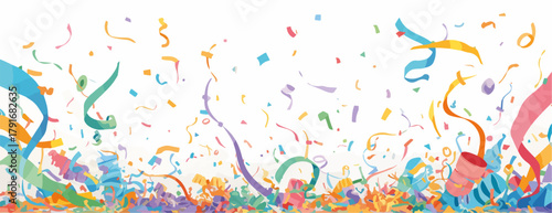 カラフルな紙吹雪とリボンが舞う、お祝いのベクターイラスト。白背景で楽しげなパーティーシーン。