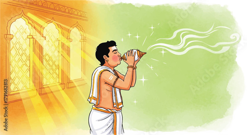 Illustration of a man blowing a conch shell, standing near a window with light streaming through.