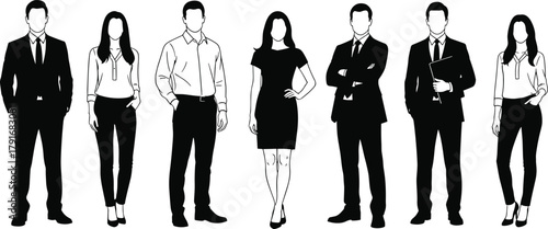 Business team, corporate silhouettes, professional group, office staff, career people, formal attire, leadership concept, teamwork, diversity, confident posture, HR illustration