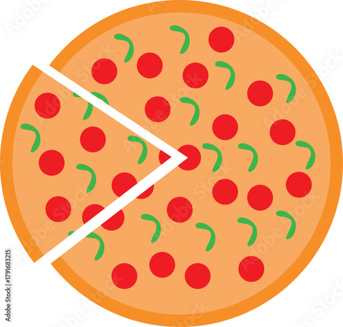 Cartoon pizza with pepperoni and green peppers with a slice missing