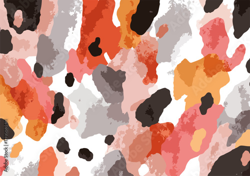 抽象的な水彩画風のテクスチャパターン。暖色系のカラフルな模様が重なり合ったデザイン。