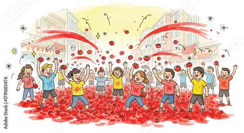 A whimsical illustration of a tomato fight with children throwing tomatoes in a town square, creating a vibrant and chaotic scene.