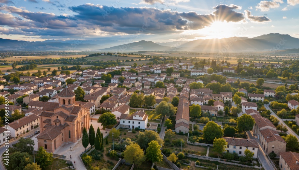Fototapeta premium Aerial view of the town of venzone in friuli venezia giulia, italy, at sunset with sun rays