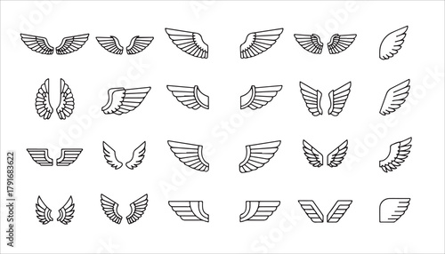 Collection of twenty-four different stylized wing illustrations in a grid pattern, showcasing various shapes and orientations.