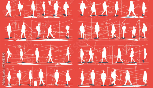 様々なポーズで歩く人々のシルエットを重ねた、赤背景のベクターデザイン。