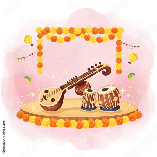 Illustration of a Veena and Tabla drums on a stage decorated with marigolds and kites, set against a pink watercolor background.