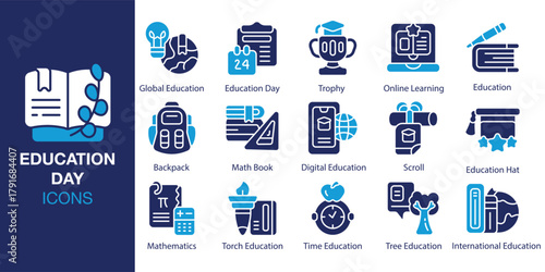 Education Day Icon set. Containing student, classroom, lesson, knowledge, literacy and more. Solid vector icons collection. Vector illustration.