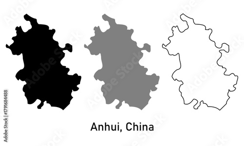 Anhui Province Map. China Administrative Division Vector Illustration. Map in different styles of outline, black and gray