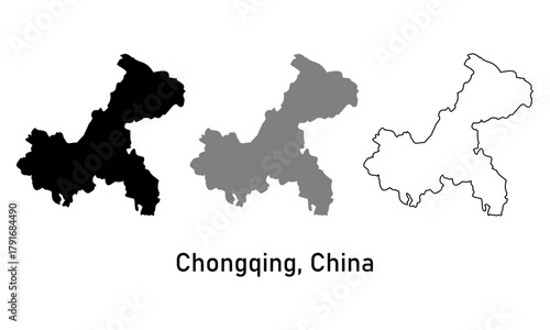 Chongqing Province Map. China Administrative Division Vector Illustration. Map in different styles of outline, black and gray