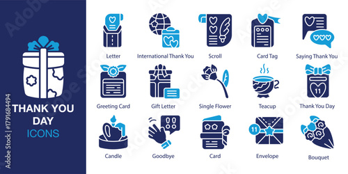 Thank You Day Icon set. Containing thanks, recognition, kindness, generosity, respect and more. Solid vector icons collection. Vector illustration.