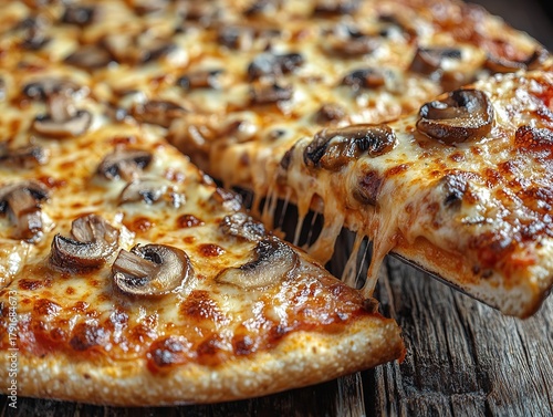 Mushroom Pizza with Cheesy Pull Close-up, Italian Cheese Pizza Food, Dining Advertising Material