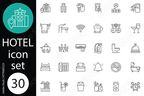 Hotel Management icon set. Essential icons depicting various hotel services. bed, key, room service, restaurant, pool and more icons. Hotel service icons set isolated on white background. illustration