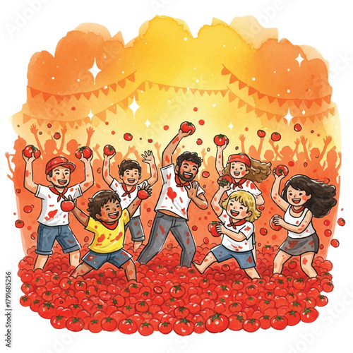 Watercolor illustration of people joyfully participating in a tomato fight, throwing tomatoes in a crowd, with festive decorations in the background.