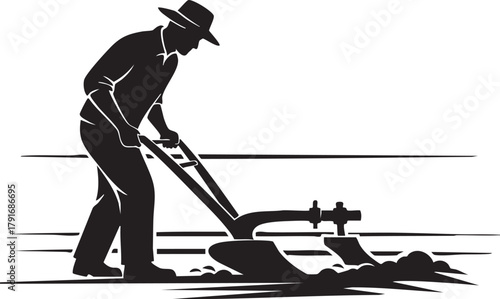 Dynamic monochrome graphic showcasing a solitary farm laborer expertly guiding a traditional hand plow across the landscape, representing the enduring spirit of cultivation, rural industry, and the fu