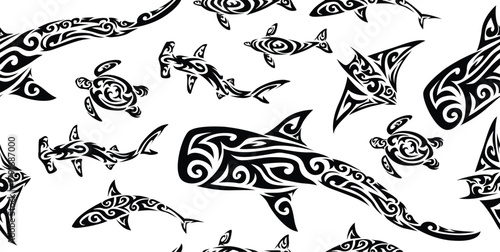 Maori Polynesian indigenous Seamless Banner Vector Sea Creatures