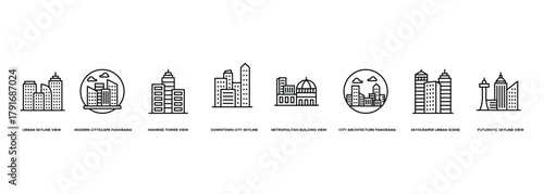 Banner Skyscraper Cityscape View icon. Urban Skyline View, Modern Cityscape Panorama, Highrise Tower View, Downtown City Skyline, Metropolitan Building View, City Architecture Panorama
