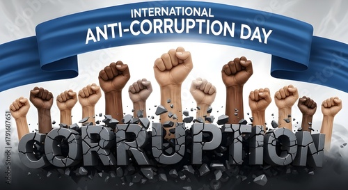 3D illustration featuring a group of raised fists of diverse skin tones breaking through the cracked word “CORRUPTION,” symbolizing global unity and resistance against corruption.