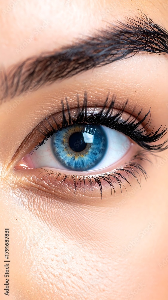 Obraz premium A close-up portrait of a woman's eye, with striking blue iris, lush lashes, and thick eyebrows. The eye is bright and captivating
