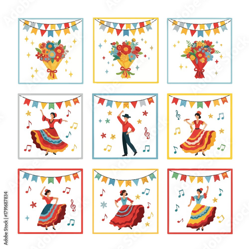 Nine square vector illustrations featuring floral bouquets, a male dancer, and female dancers in traditional dresses, all framed with colorful bunting and musical notes.