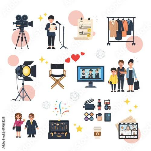 A collection of vector icons representing various aspects of filmmaking, including equipment, actors, wardrobe, and behind-the-scenes activities.