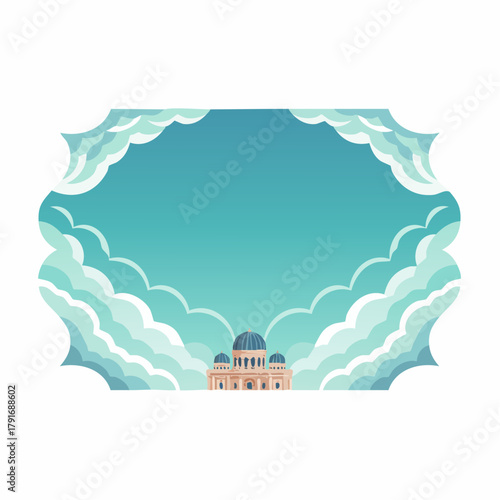 A building with domes framed by soft clouds against a blue sky, in a flat vector illustration style.